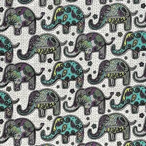 24" Joann Elephant Aqua Purple White Gray Dot Boho Animal Print Cotton Fabric